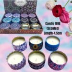 Printed Tin Round Shape Smooth Scented Soy Wax Candle Set (Pack of 12, No. 1016)