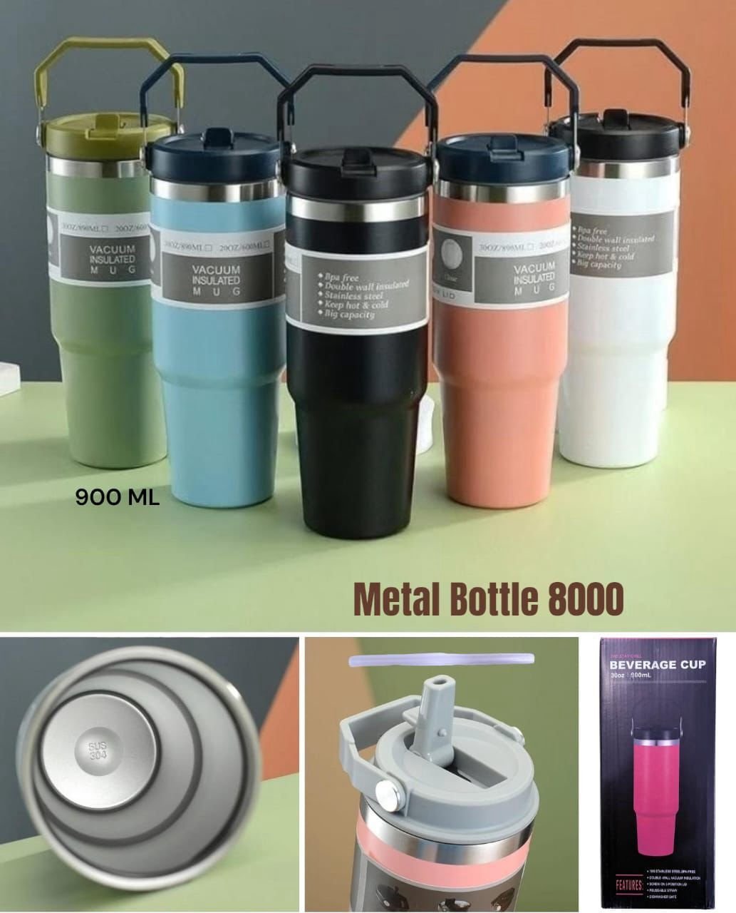 steel-tumbler-with-handle.jpeg Steel Tumbler with Handle and Straw 900ml (No. 8000, Assorted Color) - Image 1