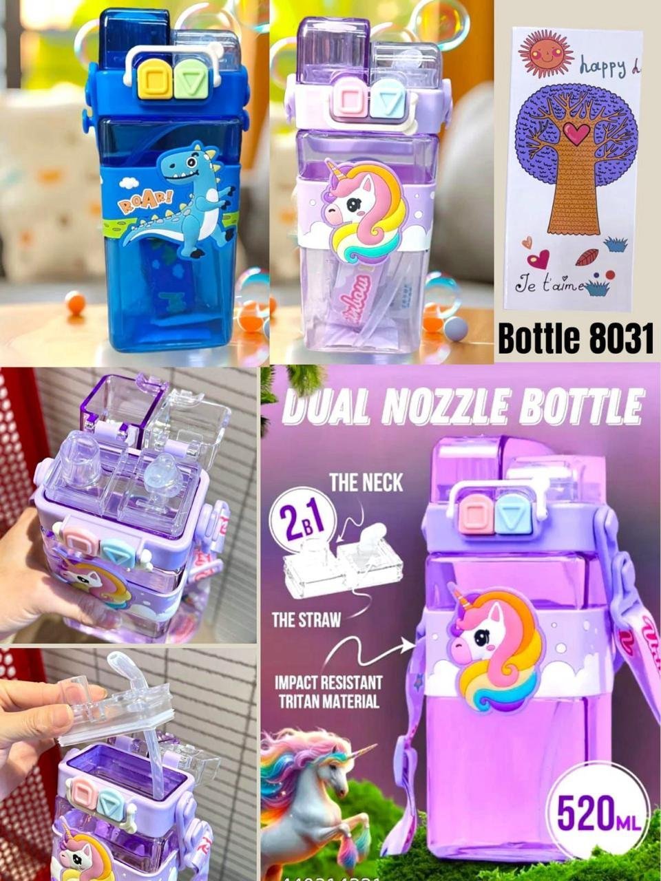 water-bottle-unicorn.jpeg Unicorn Dino Dual Nozzle Plastic Water Bottle (No. 8031) - Image 1