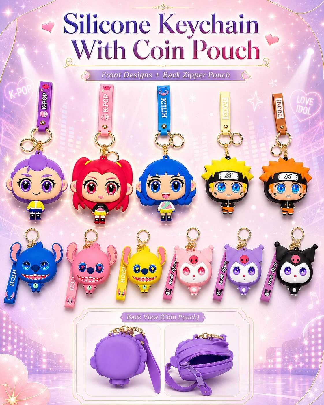 silicon-keychain-coin-pouch 3D Cartoon Character Silicone Pouch Keychains (MOQ 12) - Image 1